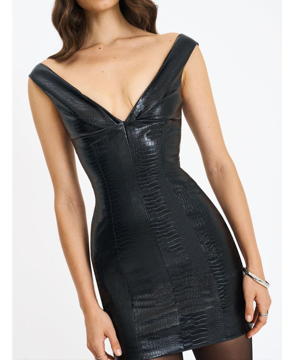 Quilia Faux Crocodile Leather Plunge Mini Dress