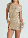 One Shoulder Blouson Fitted Dress in Gold