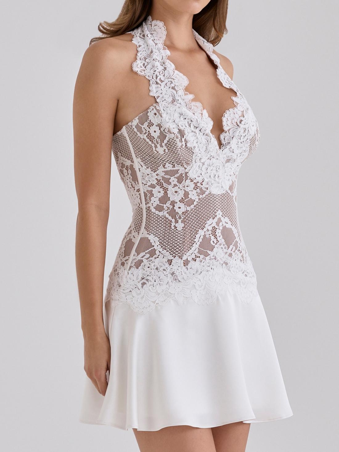 White Lace Satin Halter Neck Mini Dress