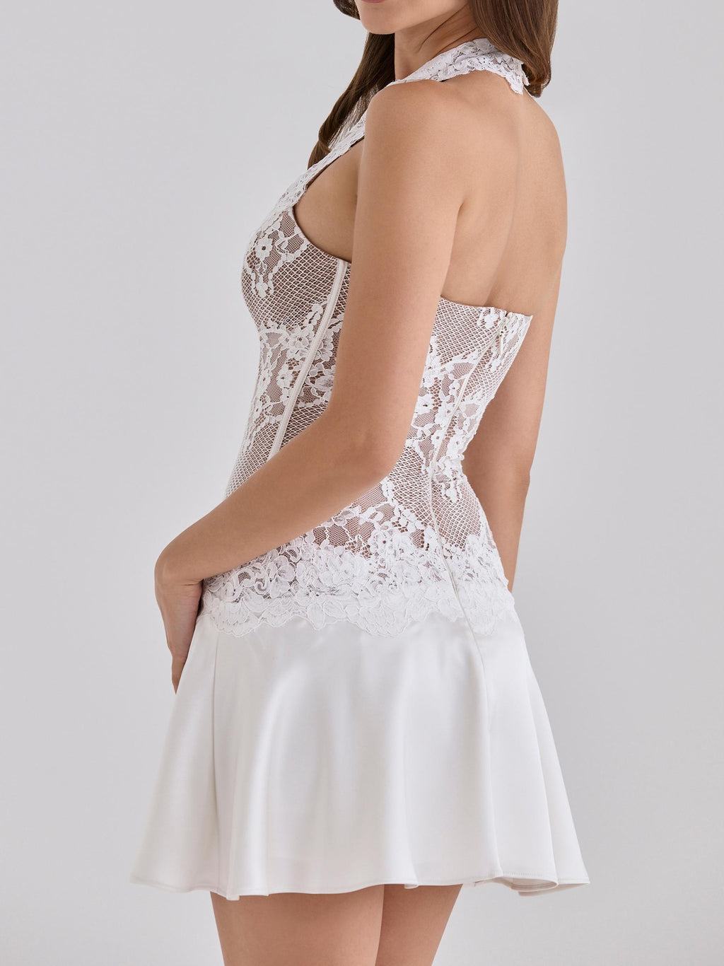 White Lace Satin Halter Neck Mini Dress