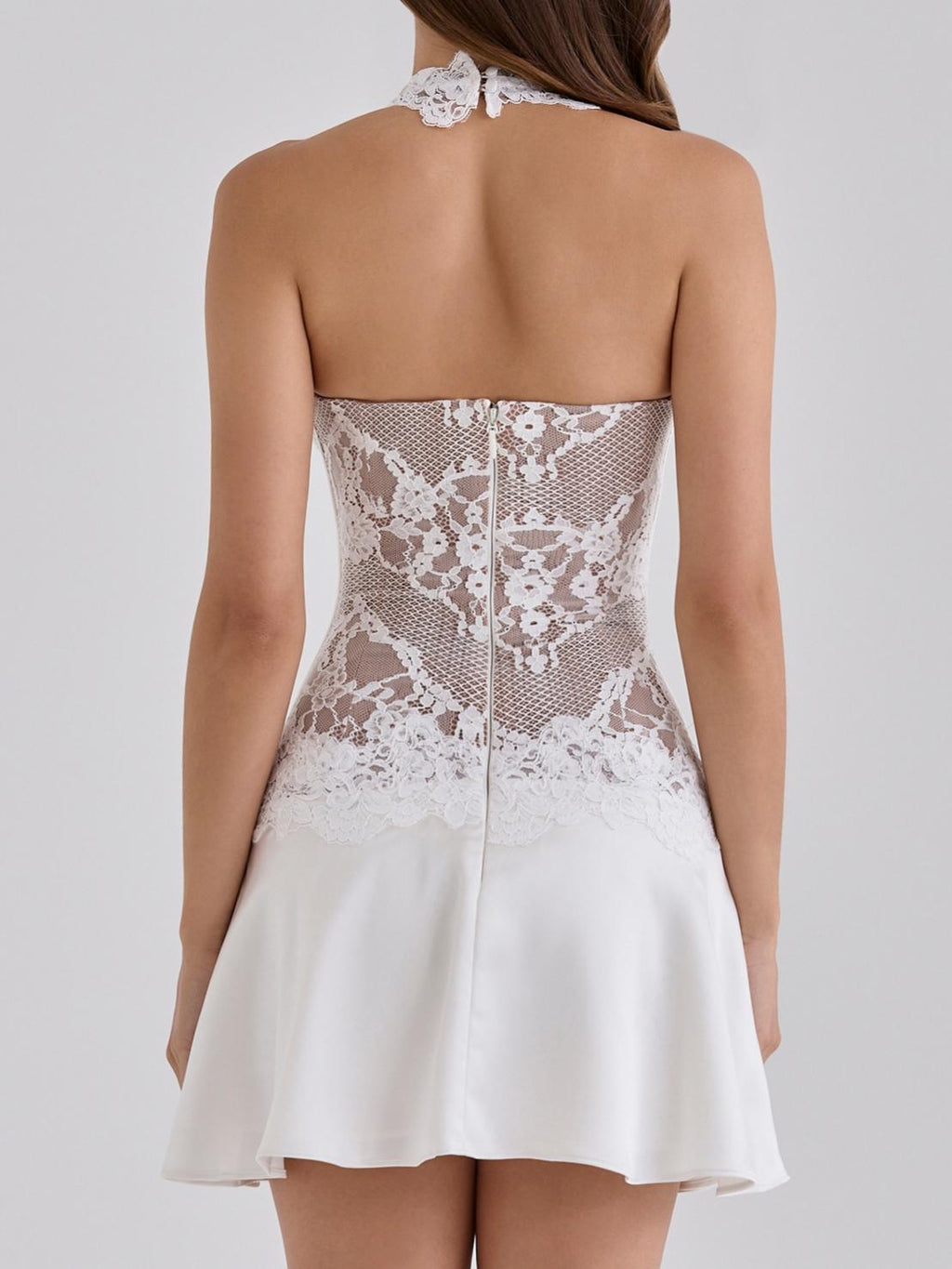 White Lace Satin Halter Neck Mini Dress