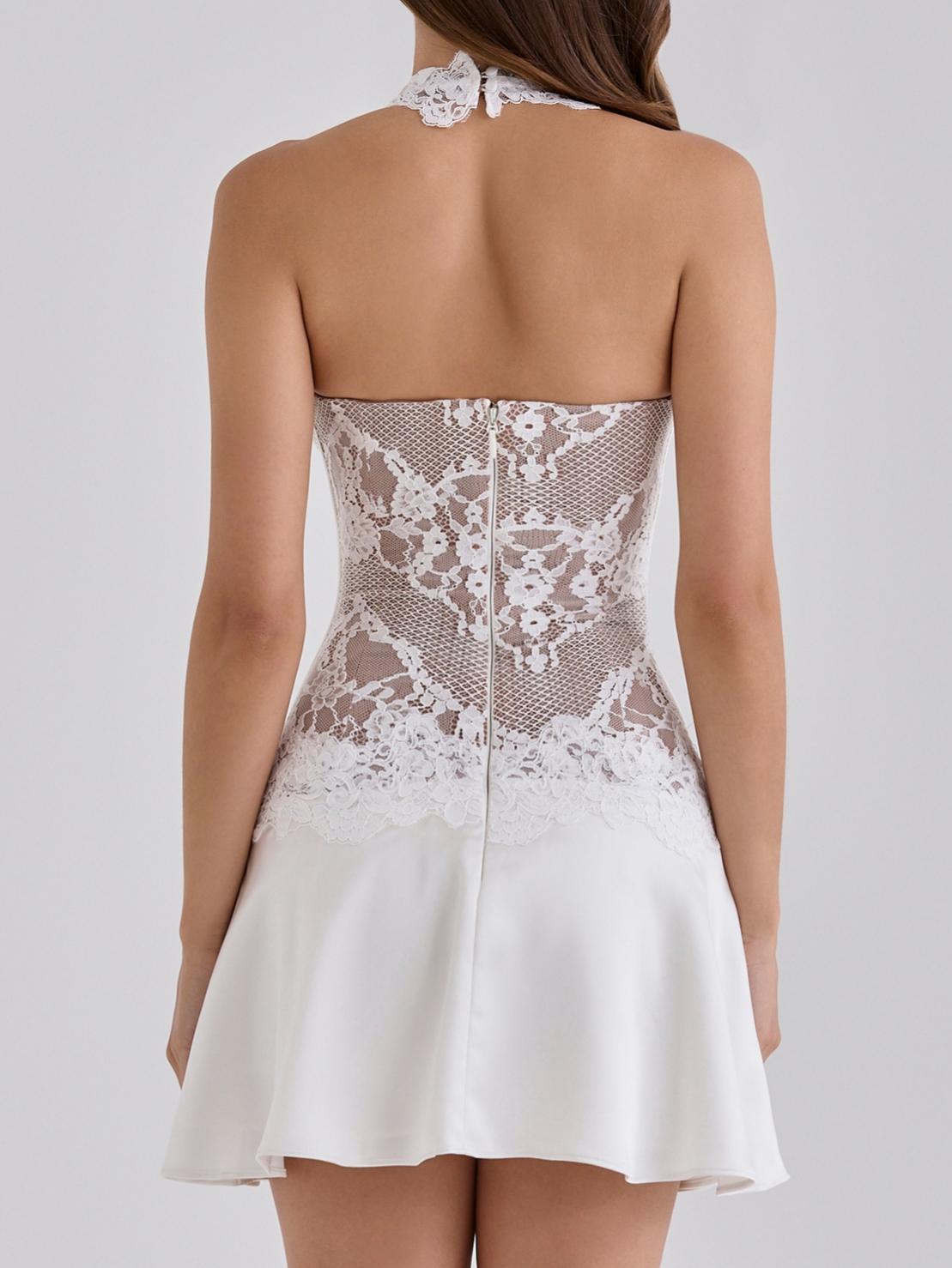 White Lace Satin Halter Neck Mini Dress