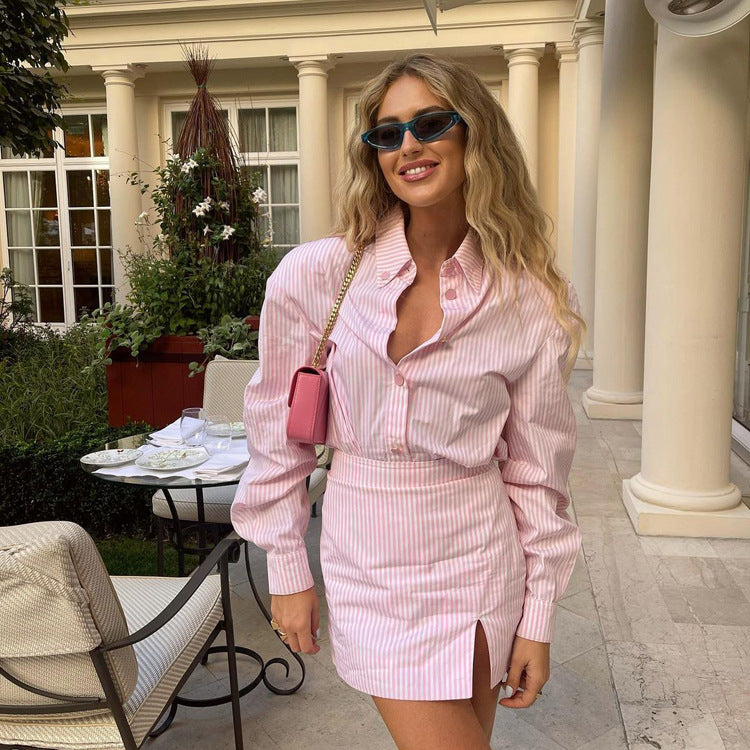 Energetic Fresh Pink Striped Two Piece Set