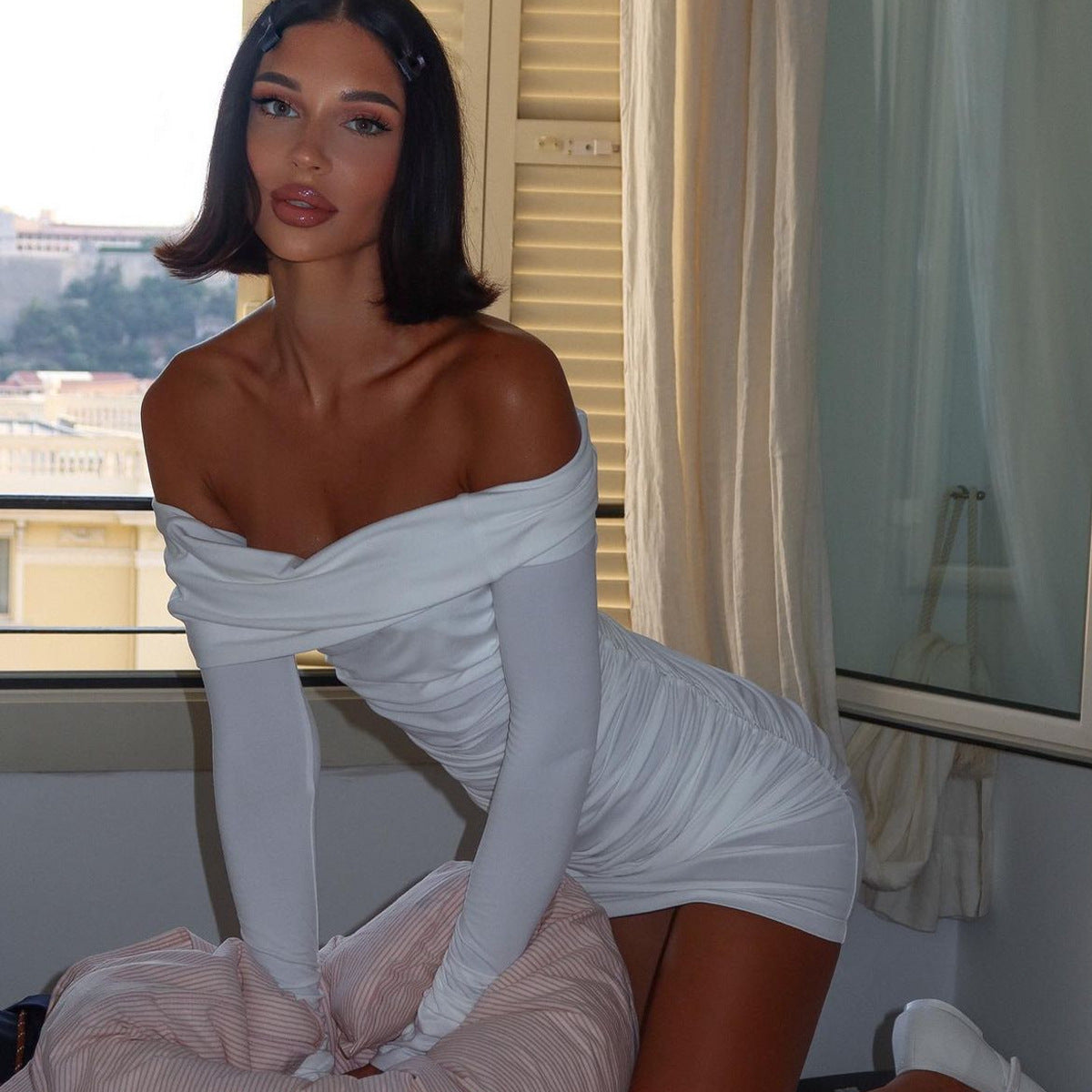 Wedding Pure Freshness White Off Shoulder Mini Dress