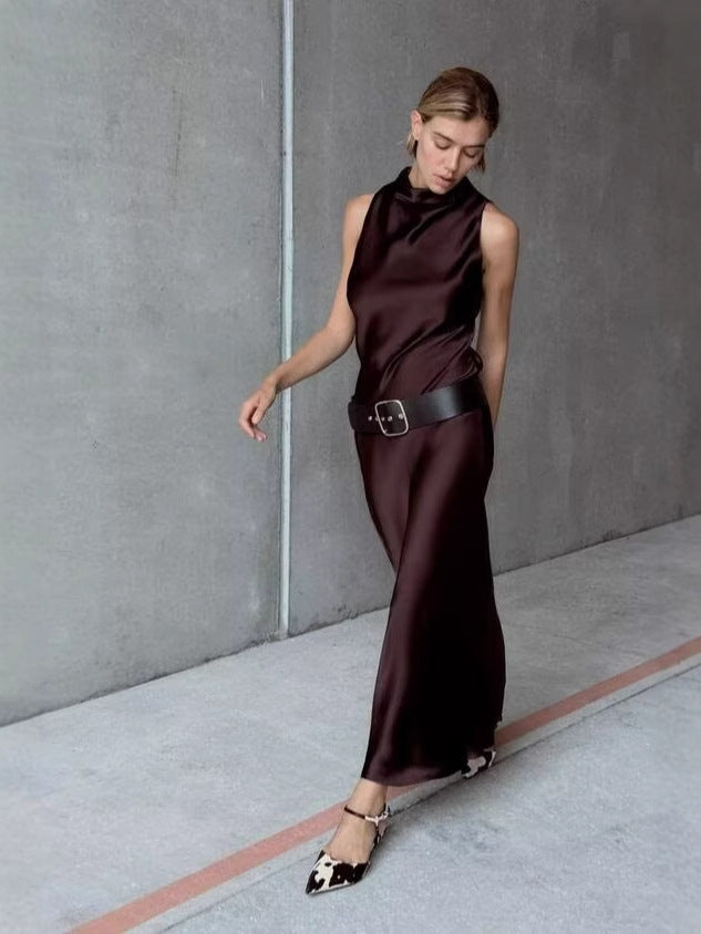 Urban Night Luxe Choice Deep Brown Silk Maxi Dress