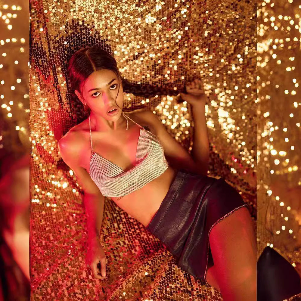 Chic Evening Alluring Silver Metallic Halter Top