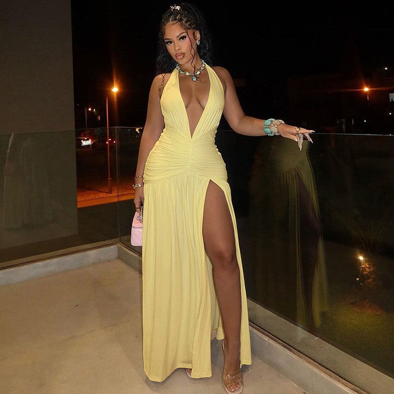 Red Carpet Starry Splendor Yellow Plunge Cut-Out Maxi Dress