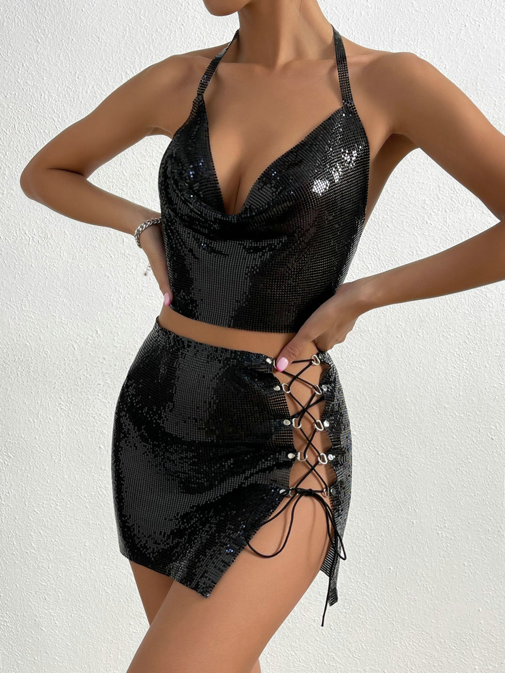 Party Must-have Sequin Lace-up Two Piece Set