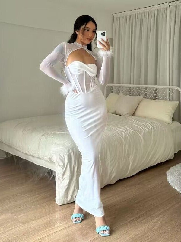 Luxurious Evening Feather-Decorated Velvet Maxi Dress