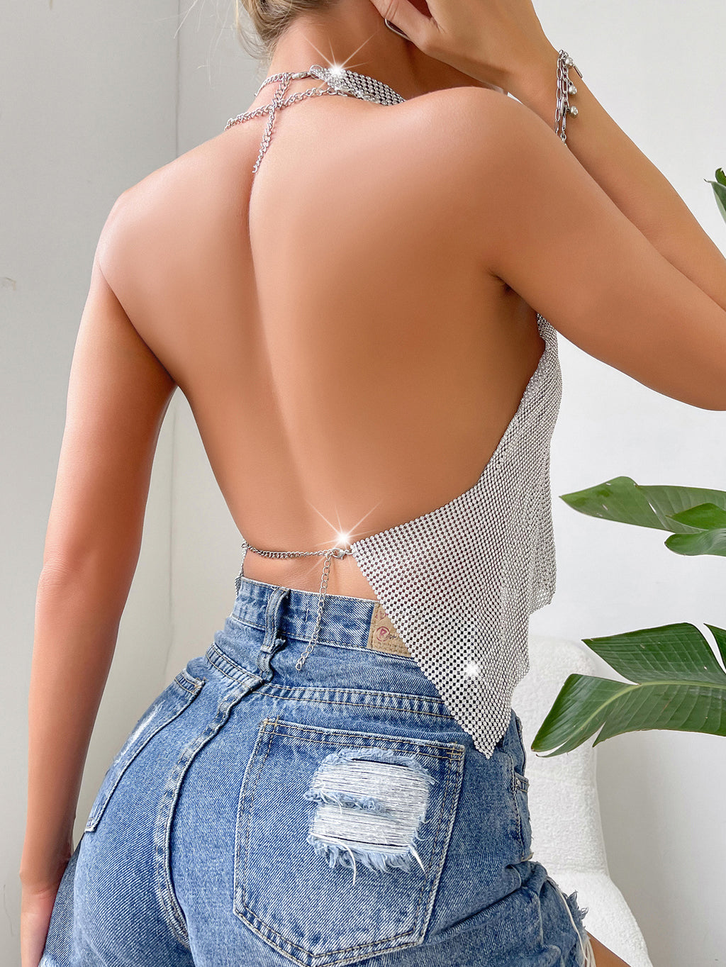 Elegant Night Gleaming Silver Beaded Metallic Halter Top