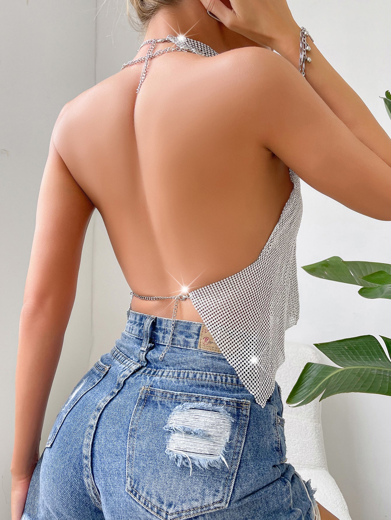 Elegant Night Gleaming Silver Beaded Metallic Halter Top