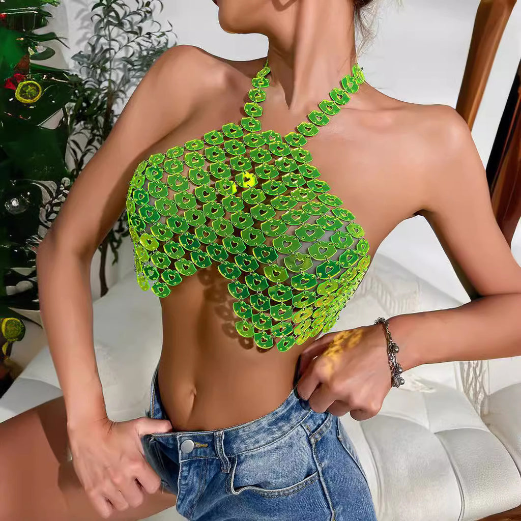 Beach Vacation Green Fresh Natural Sequin Halter Top