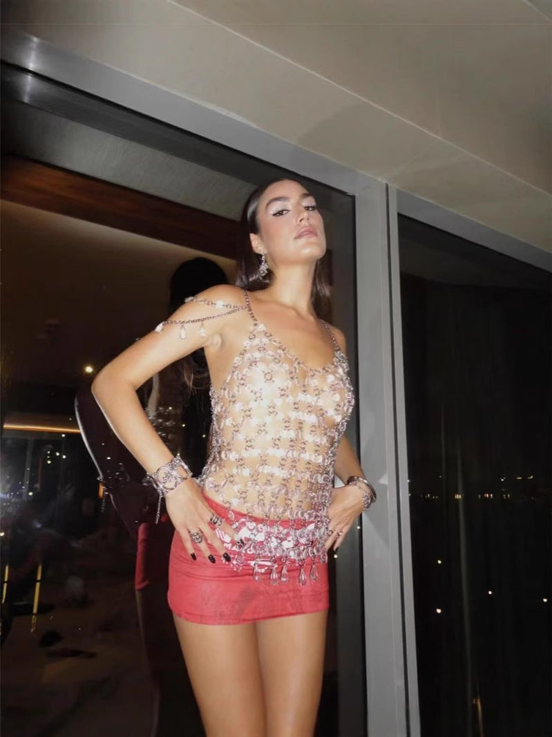 Glamour Party Enchanting Beaded Mesh Cami Top