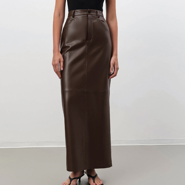 Office Professional Classic Brown Leather Maxi Skirt