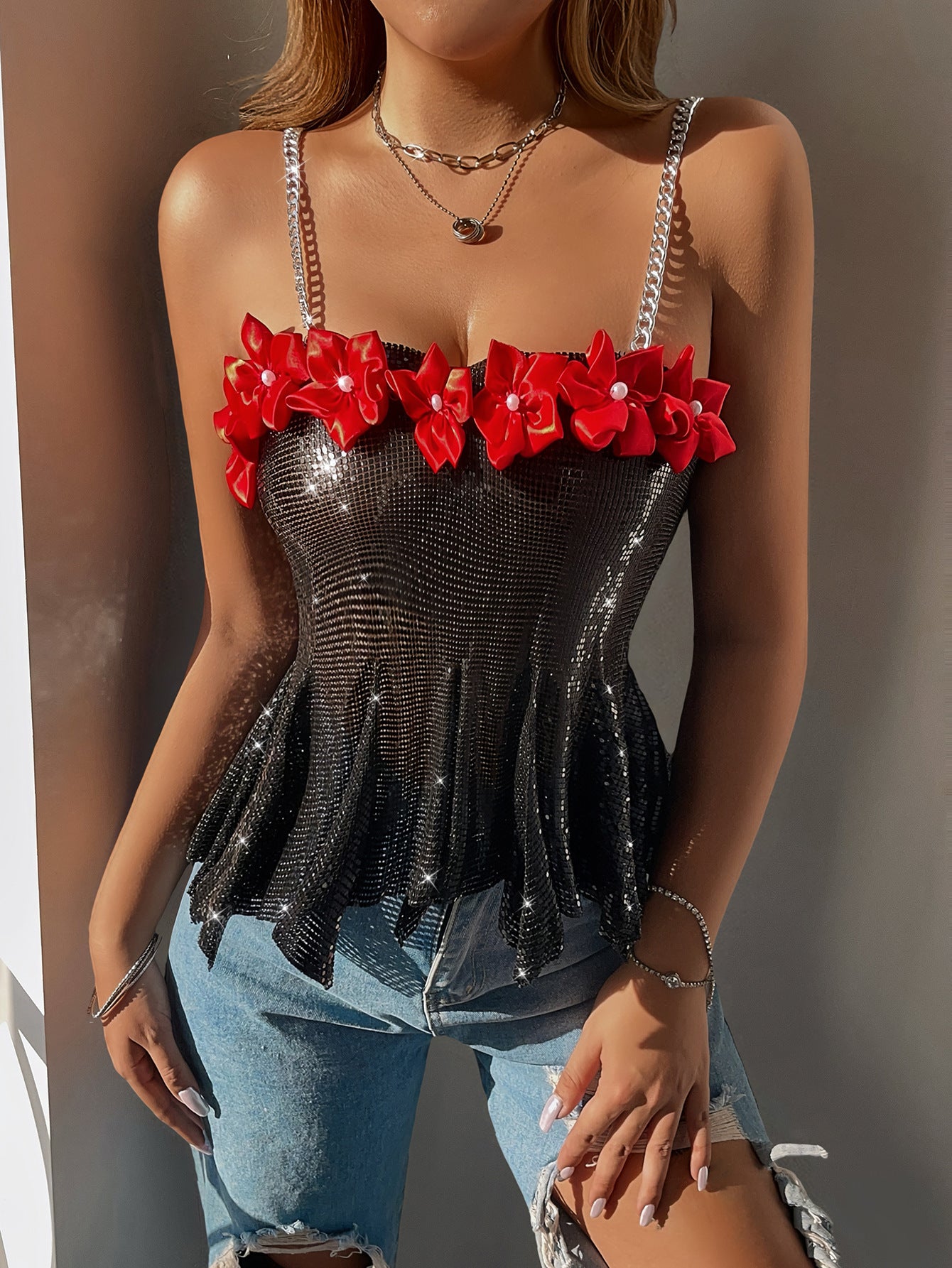 Flamenco Night Passionate Floral-Embellished Sequined Cami Top