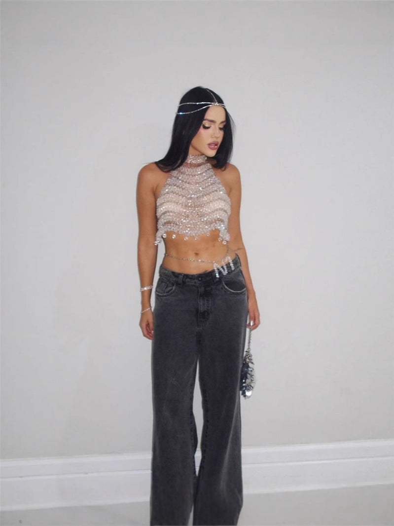 Chic Soiree Elegant Beaded Halter Top