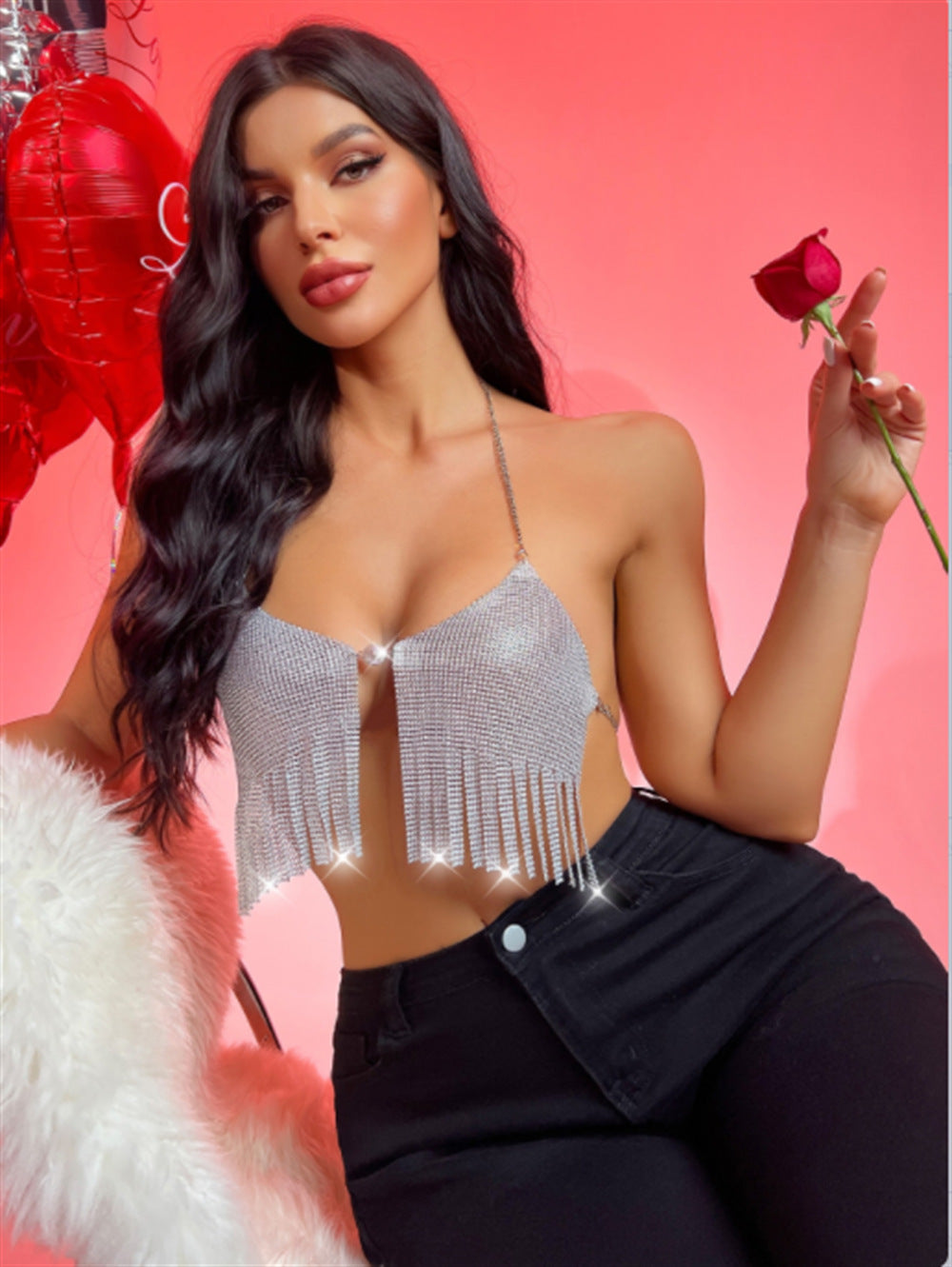 Festival Celebration Sparkling Silver Sequin Fringe Halter Top