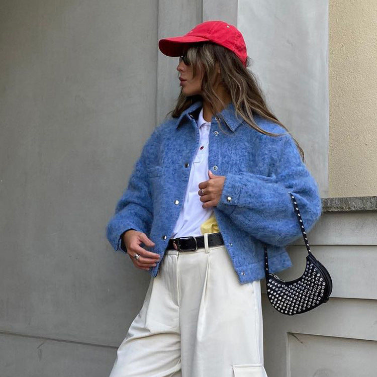 Casual Chic Blue Woolen Jacket