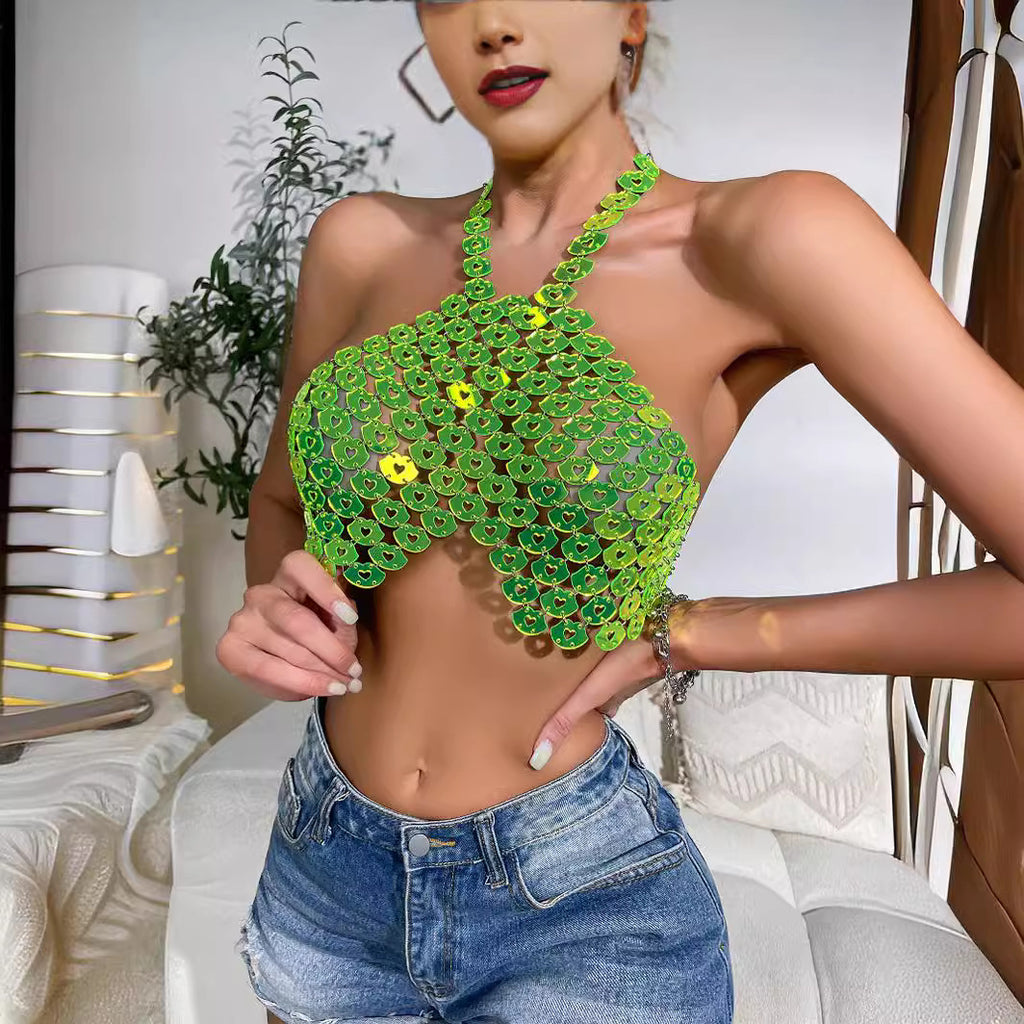 Beach Vacation Green Fresh Natural Sequin Halter Top