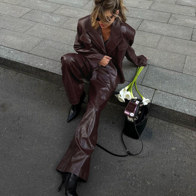 Cool Fashionable Brown Leather Suit Set