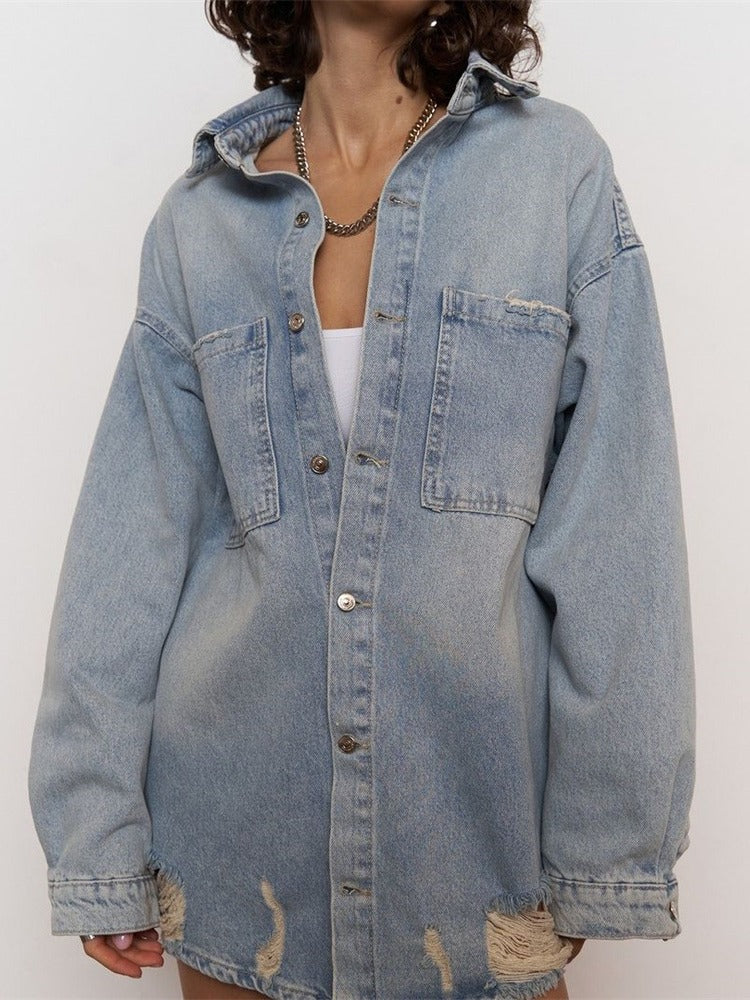 Veste en jean délavée légère, style rétro décontracté et tendance 