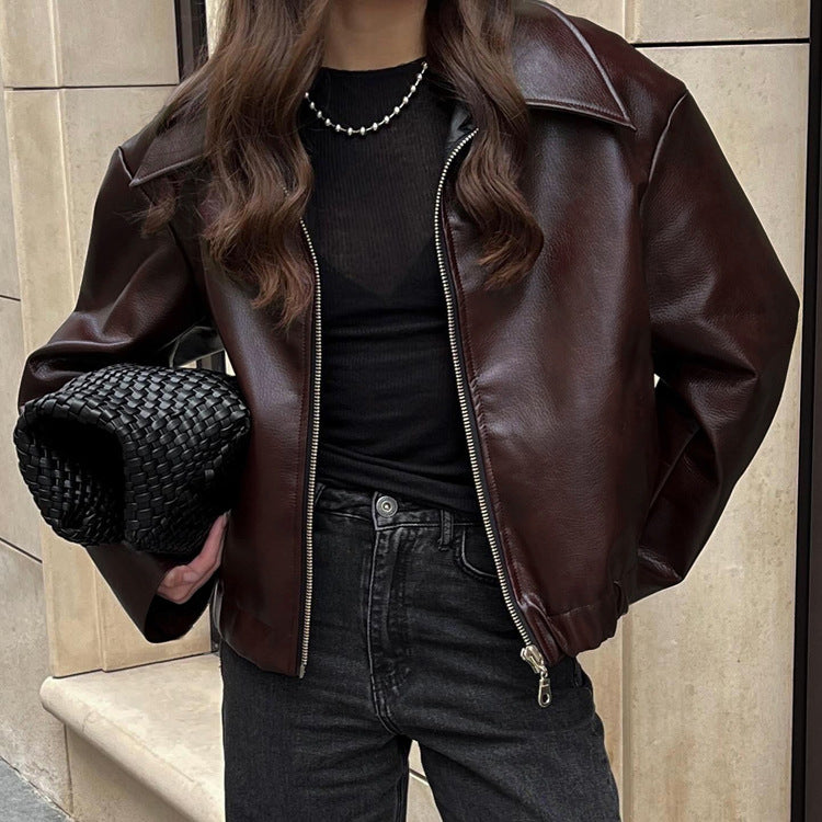 Cool Street Style Dark Maroon Leather Jacket
