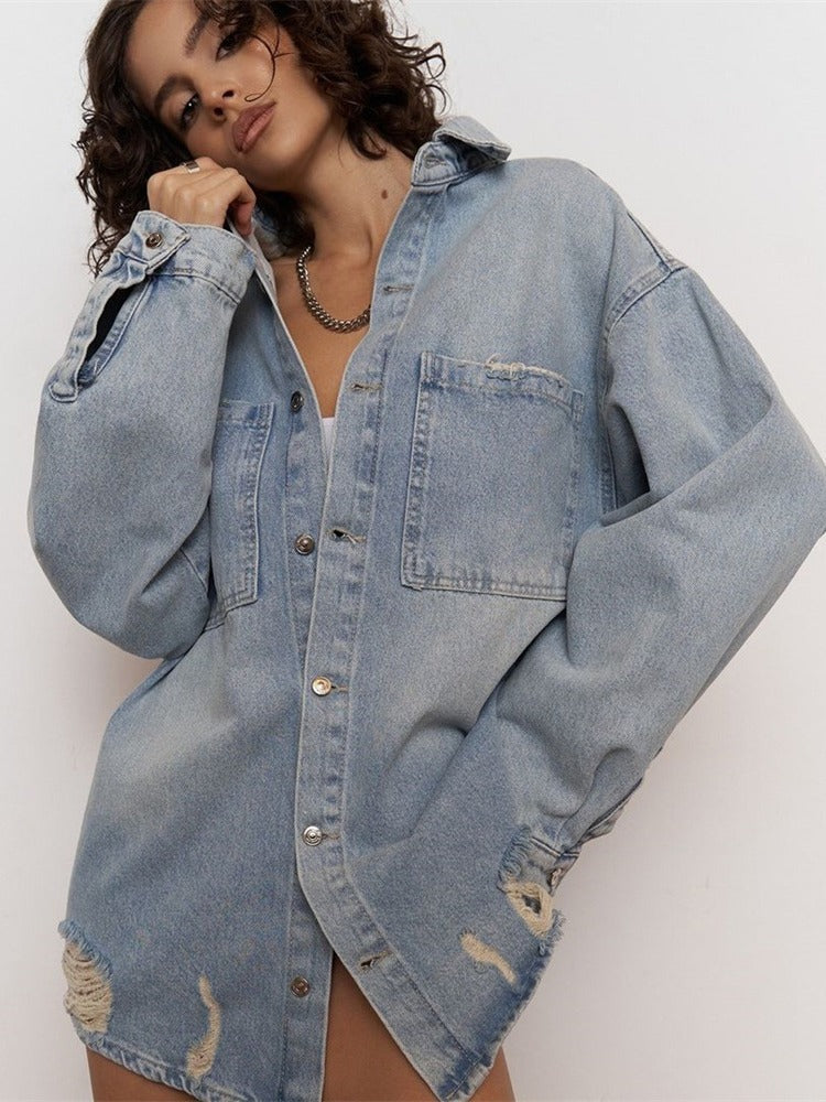 Veste en jean délavée légère, style rétro décontracté et tendance 