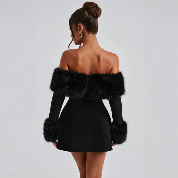 Evening Luxurious Sexy Party Black Fur Collar Dress