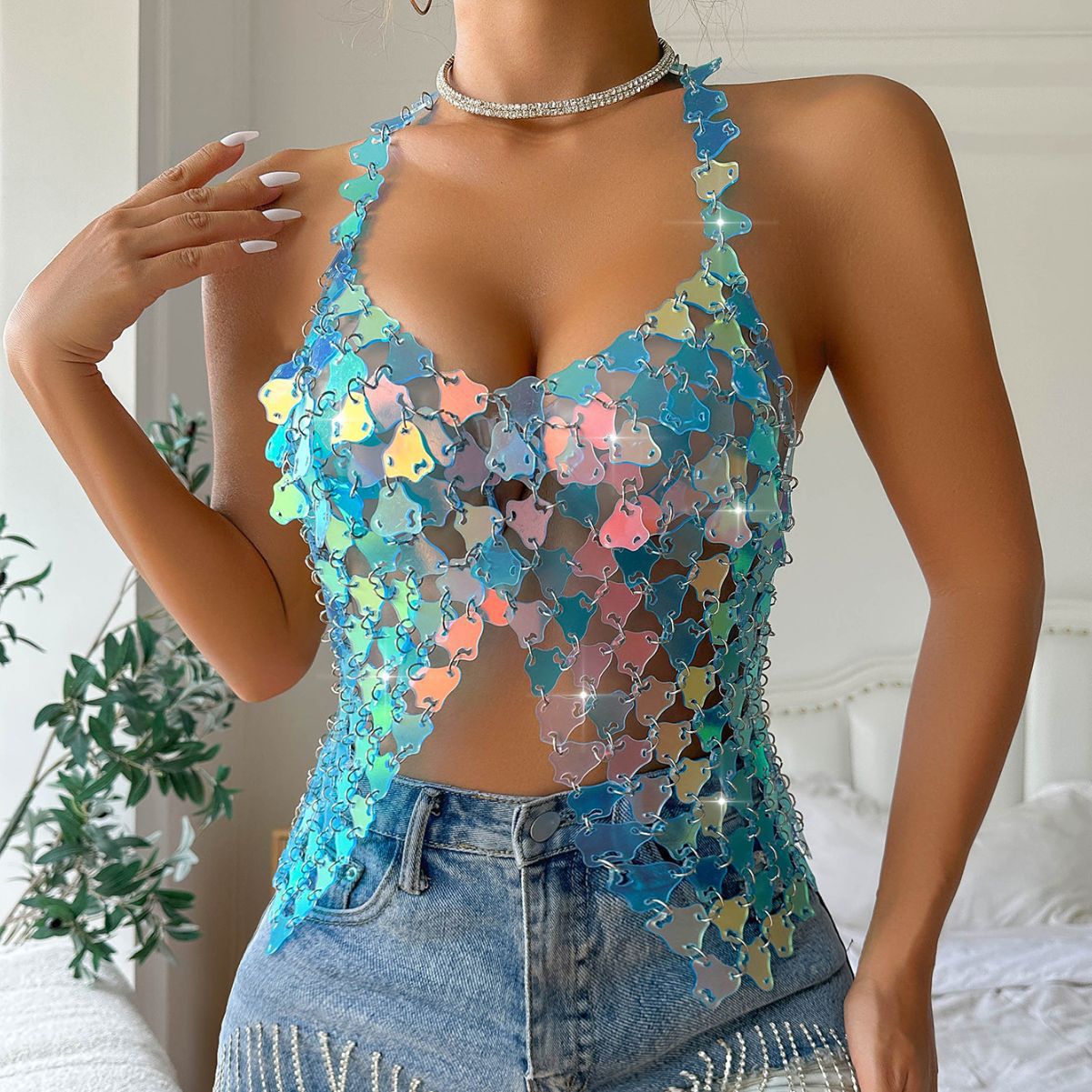 Festival Celebration Rainbow Sequin Halter Top