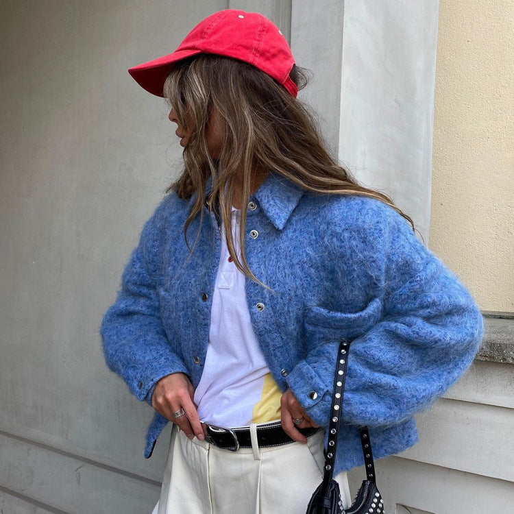 Casual Chic Blue Woolen Jacket