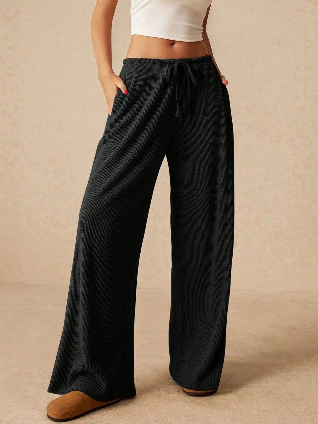 Casual Comfy Ribbed Wide Leg Pants