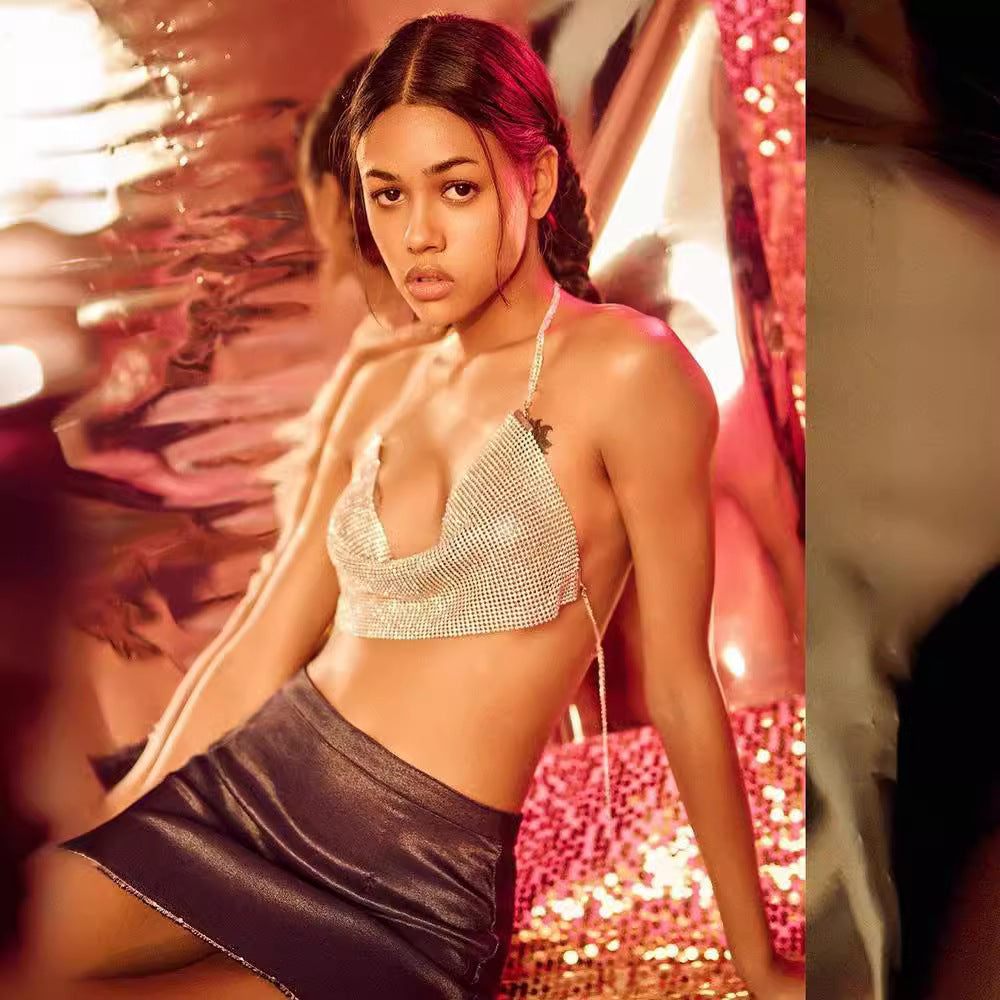 Chic Evening Alluring Silver Metallic Halter Top