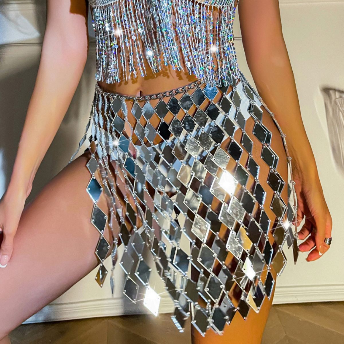 Festival Celebration Silver Sequin Fringe Mini Skirt