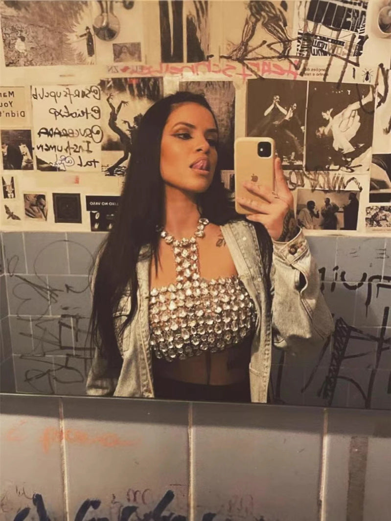 Club Vibe Edgy Glittery Rhinestone Halter Top