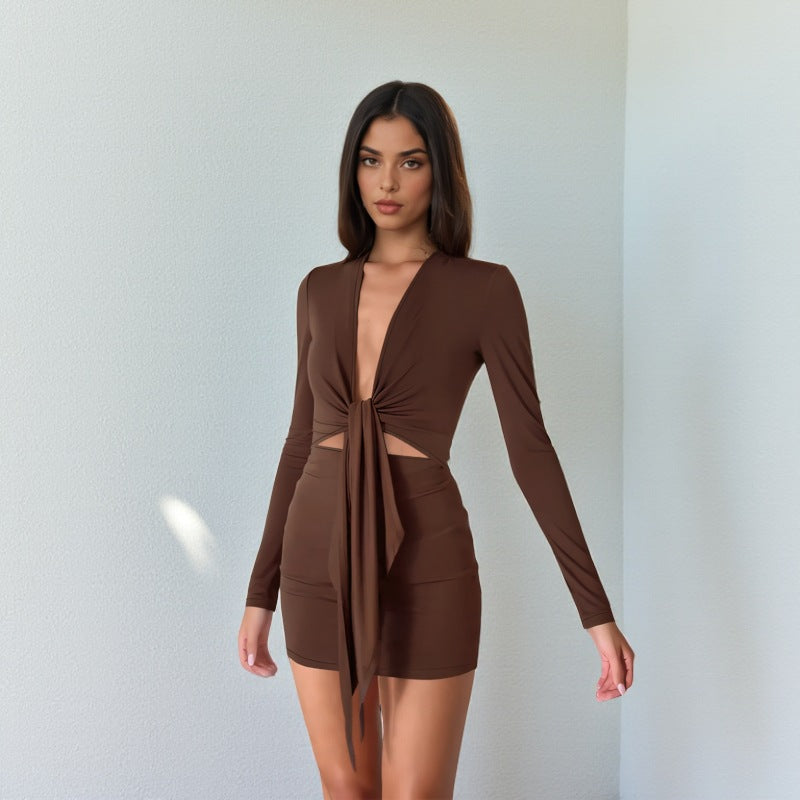 Elegant Afternoon Coffee Color Deep V-Neck Tie-Up Dress