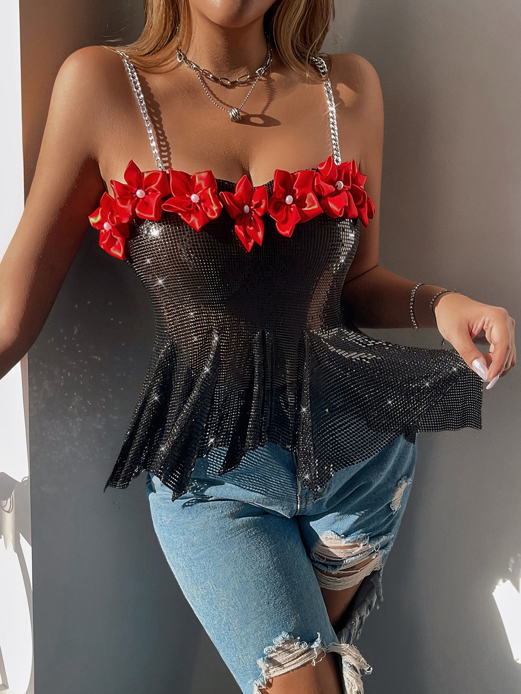 Flamenco Night Passionate Floral-Embellished Sequined Cami Top