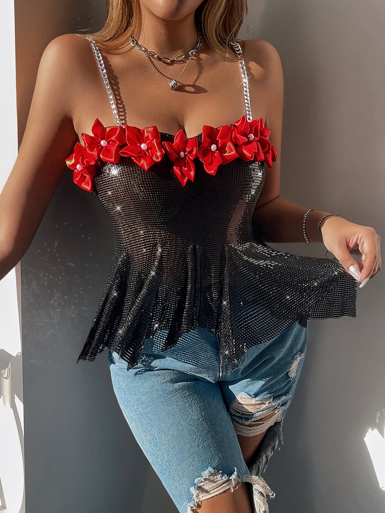 Flamenco Night Passionate Floral-Embellished Sequined Cami Top