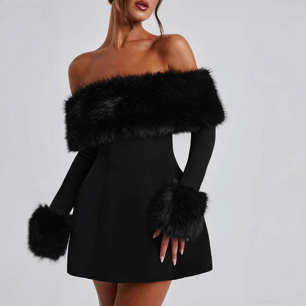 Evening Luxurious Sexy Party Black Fur Collar Dress