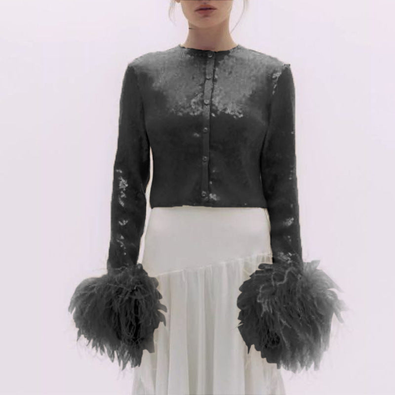 Cozy Home Feather Sequin Cardigan