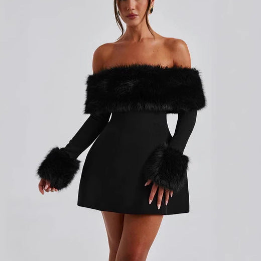 Evening Luxurious Sexy Party Black Fur Collar Dress
