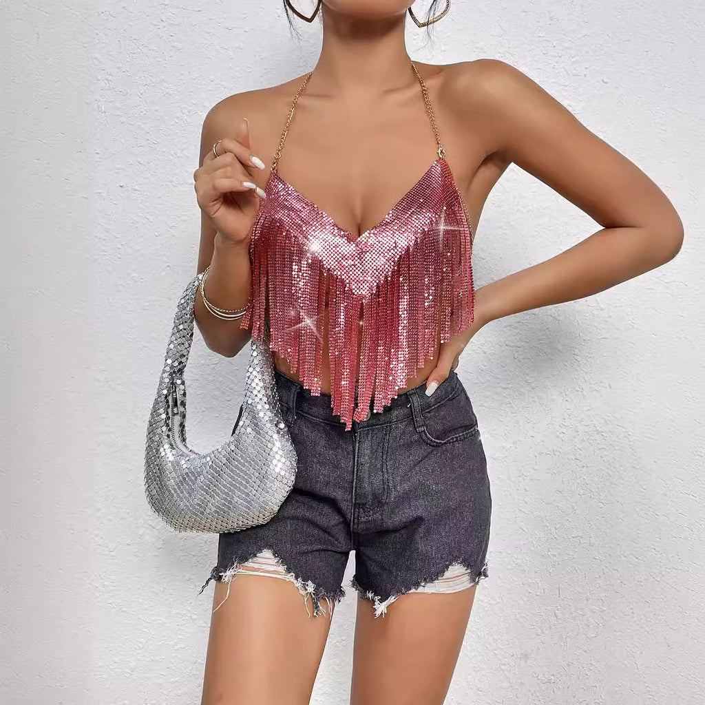 Party Charm Dynamic Sparkling Fringe Halter Top
