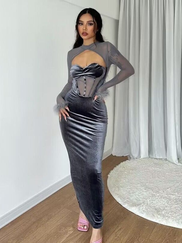 Luxurious Evening Feather-Decorated Velvet Maxi Dress