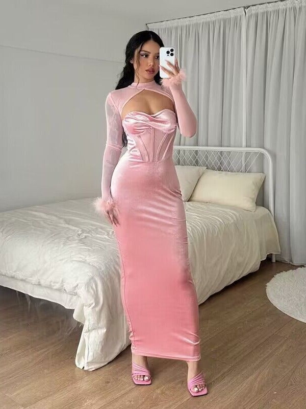 Luxurious Evening Feather-Decorated Velvet Maxi Dress