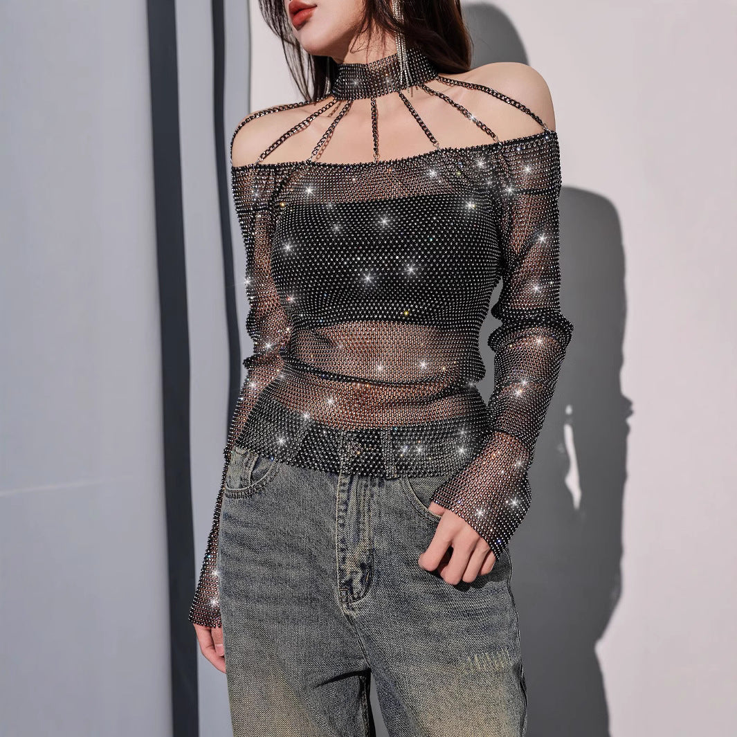 Evening Sparkle Mysterious Rhinestone Mesh Halter Top