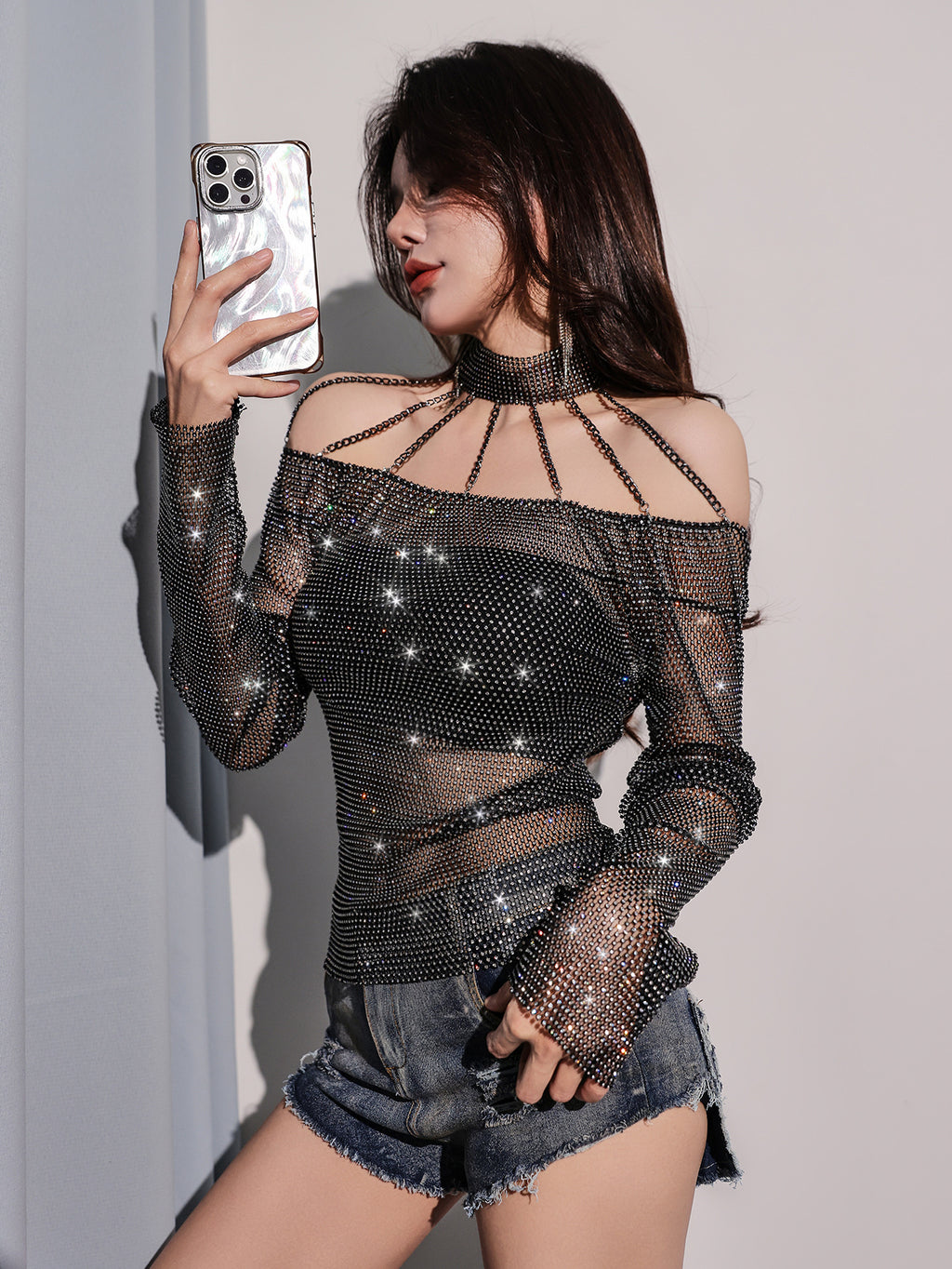 Evening Sparkle Mysterious Rhinestone Mesh Halter Top