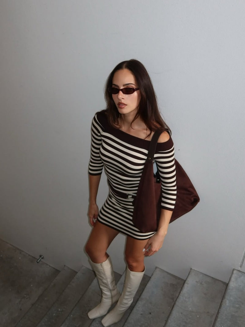 Leisure Time Striped Off-Shoulder Long Sleeve Dress