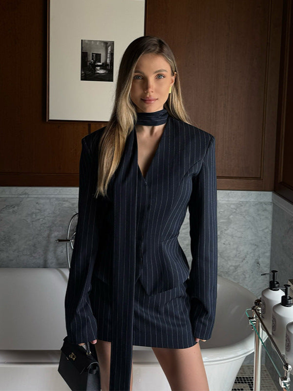 Business Sophisticated Bold Pinstripe Blazer and Skirt Set