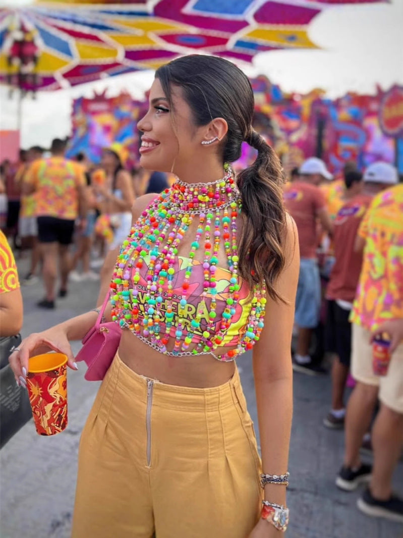 Glamour Runway Dazzling Iridescent Beaded Crop Top
