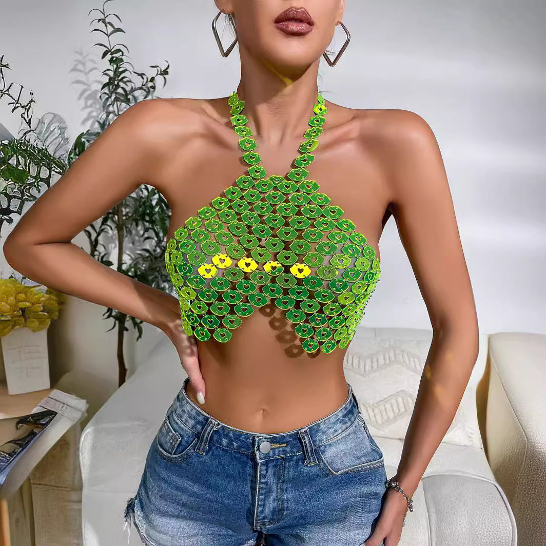 Beach Vacation Green Fresh Natural Sequin Halter Top