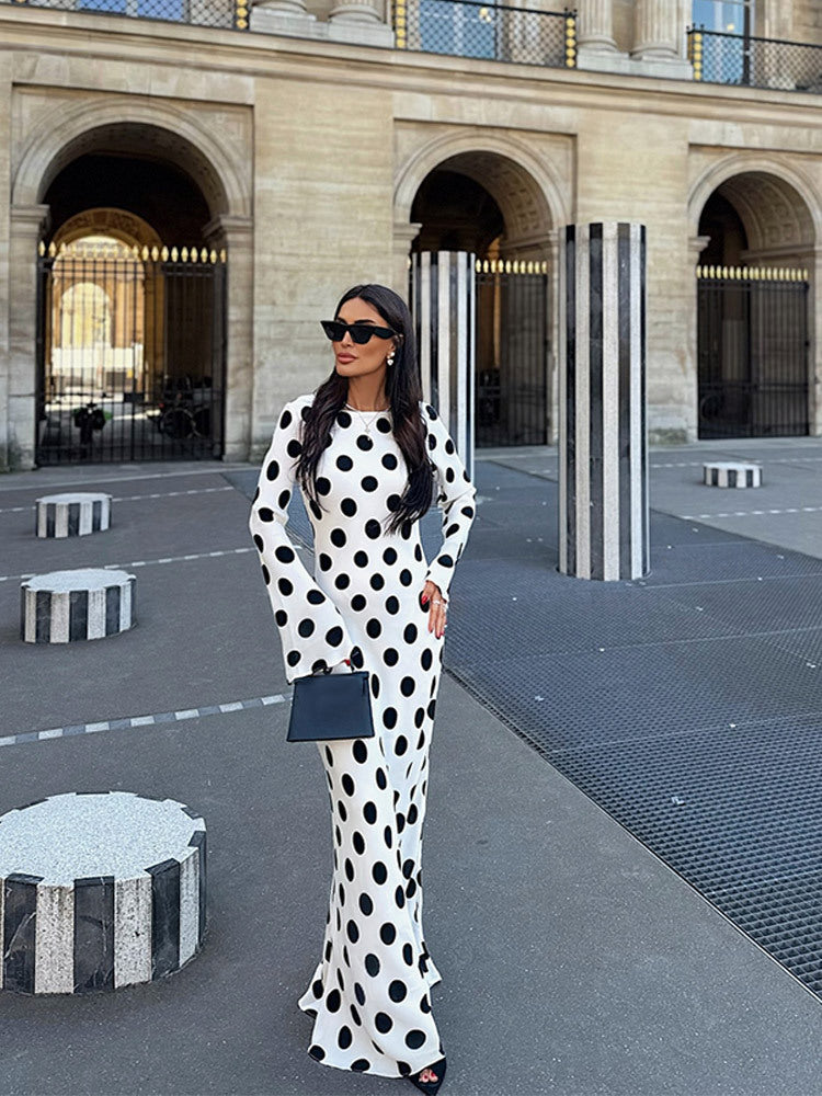 Retro Black and White Polka Dot Mermaid Maxi Dress
